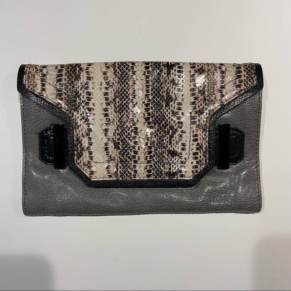 Milly Gray Leather Clutch with Snake-Print Flap